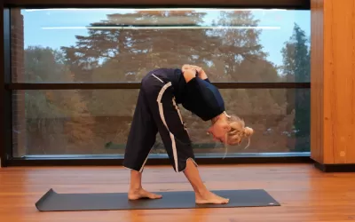 Nora Brookfield demonstrating a yoga pose before a window at the Contemplative Commons