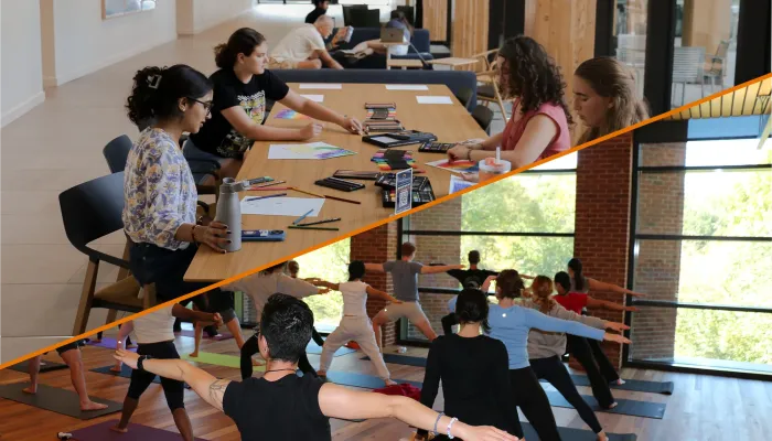 Split picture show crafting and yoga at the Contemplative Commons