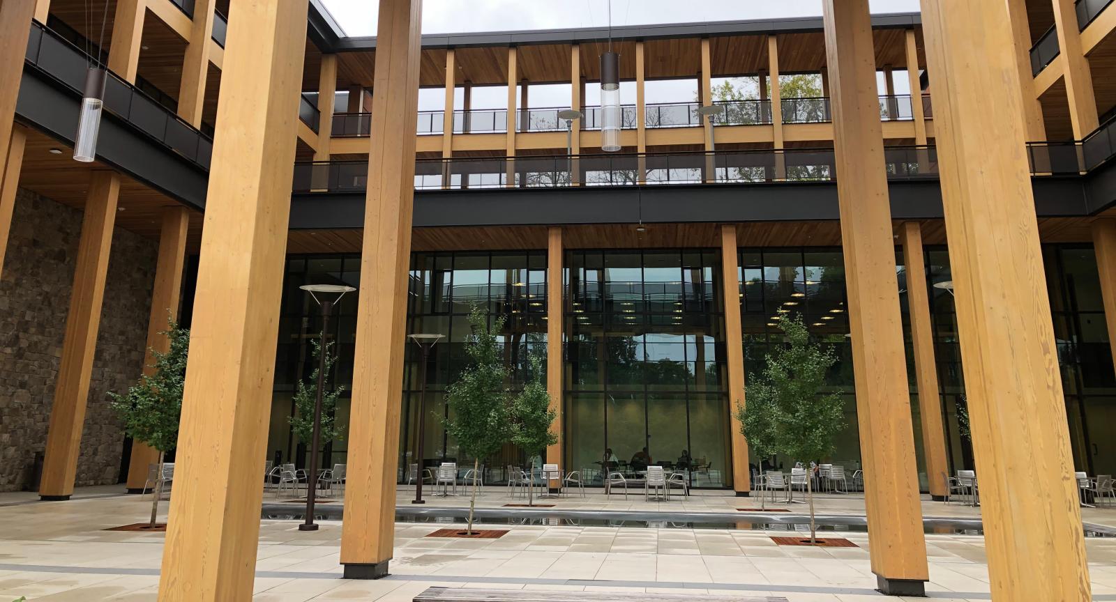 View from just outside the courtyard looking up into the Contemplative Commons