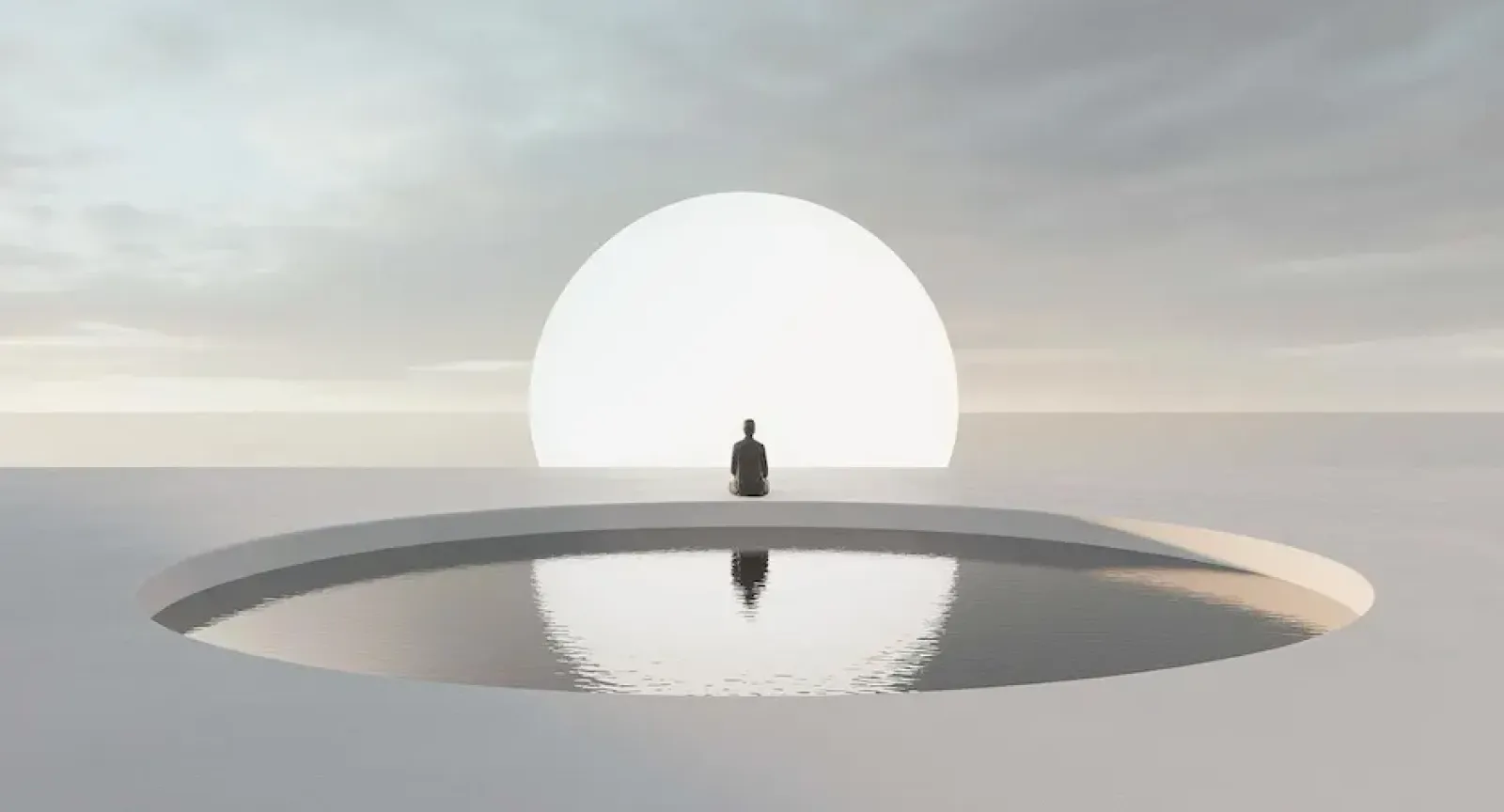 Drawing of grey sky and gound with a round pool at the edge of which sits a person facing the rising white sun reflected in the pool