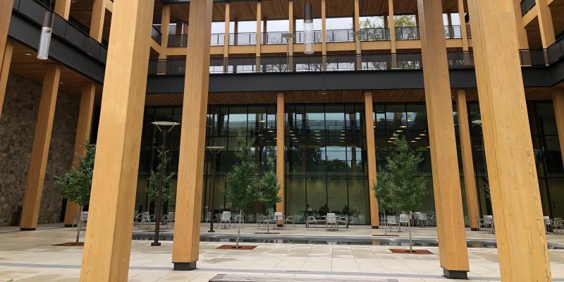 View from just outside the courtyard looking up into the Contemplative Commons