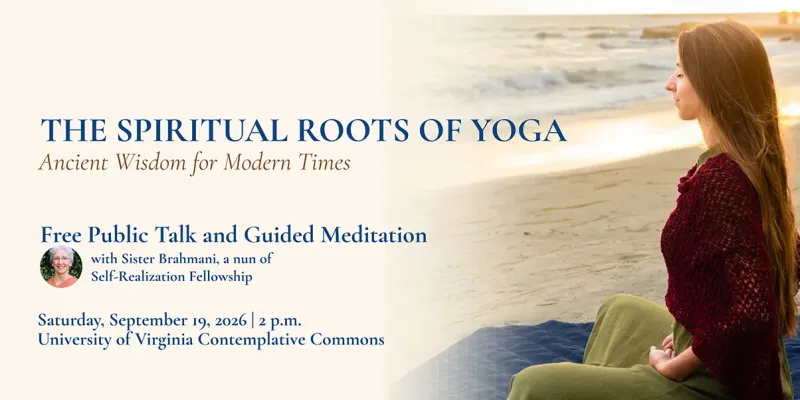 Poster for Spiritual Roots of Yoga talk with image of a woman meditating on the beach in the background