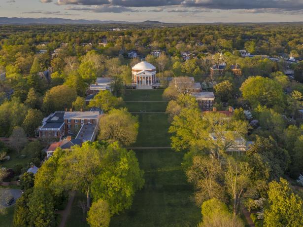 A drone’s photograph of the UVA Lawn topped by the Rotunda