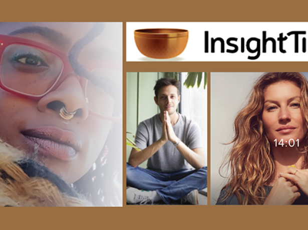 A collage of people photos from Insight timer with its logo and name
