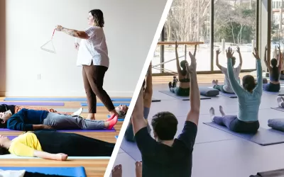 Split photo of a sound bath class and a yoga class
