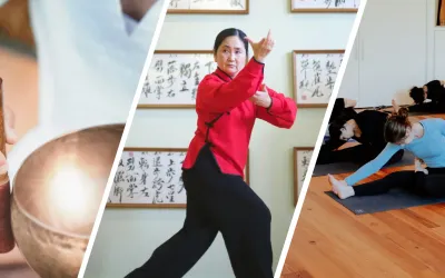 Photo divided into three images: sound bowls, tai chi pose, yoga pose