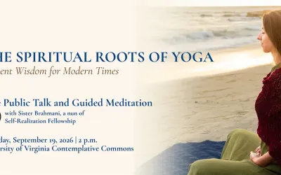 Poster for Spiritual Roots of Yoga talk with image of a woman meditating on the beach in the background