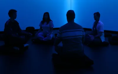 Four people sitting on cushions experiencing the exhibit in the Conservatory