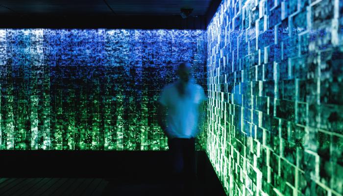 The artist inspecting his installation of the Ninfeo