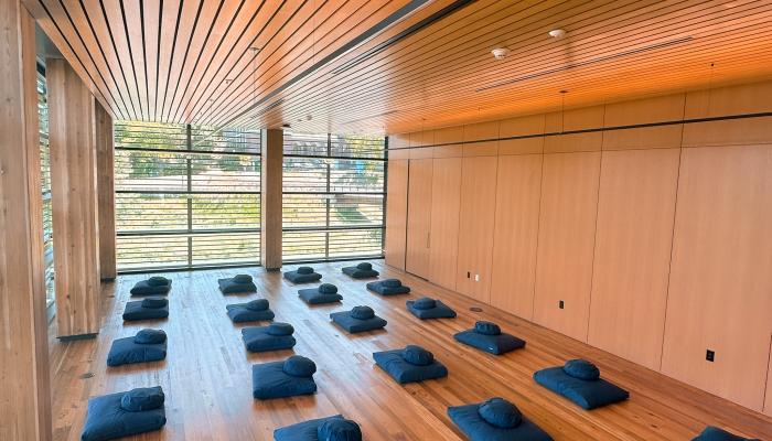 Empty cushions in rows placed in rows inside a Contemplative Commons classroom. 