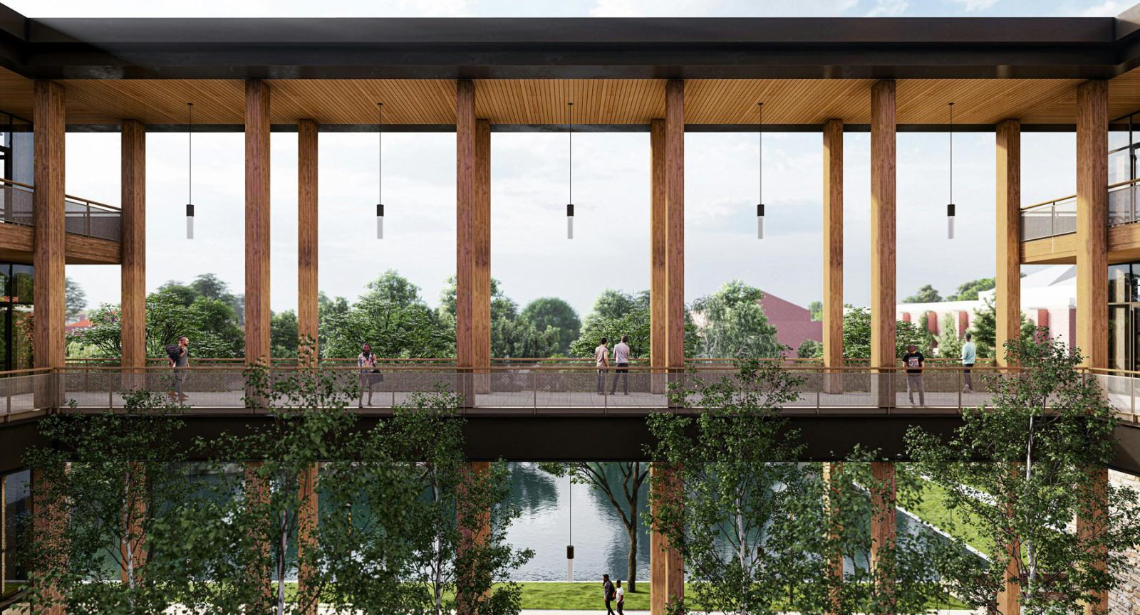 The interior courtyard demonstrates how the Commons provides a contemplative space integrated with nature.