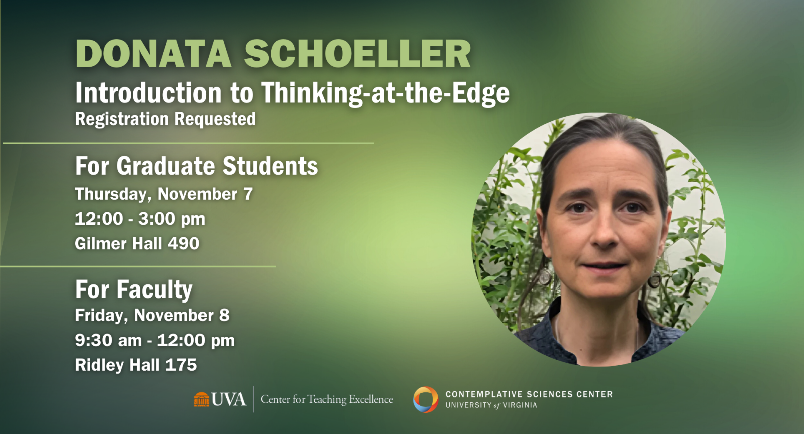 infographic featuring the event information and a headshot of Donata Schoeller with a green background