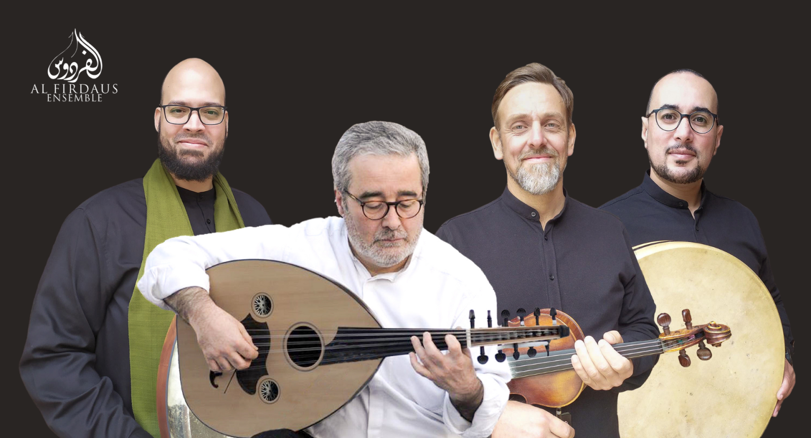 Al-Firdaus Ensemble with their instruments. Their logo is in the top right corner.