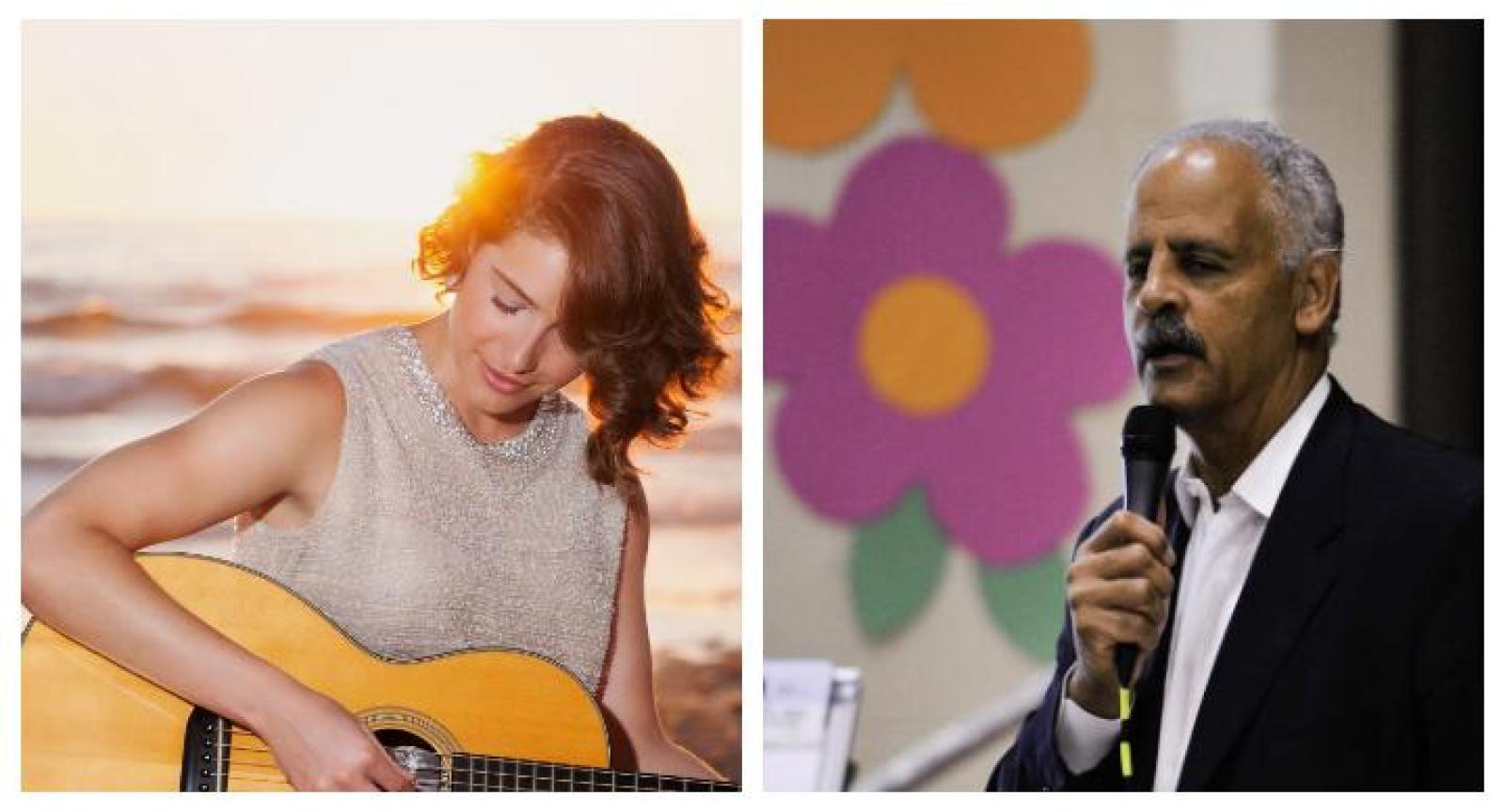 Collage of Caroline Jones playing guitar and Stedman Graham speaking into a microphone