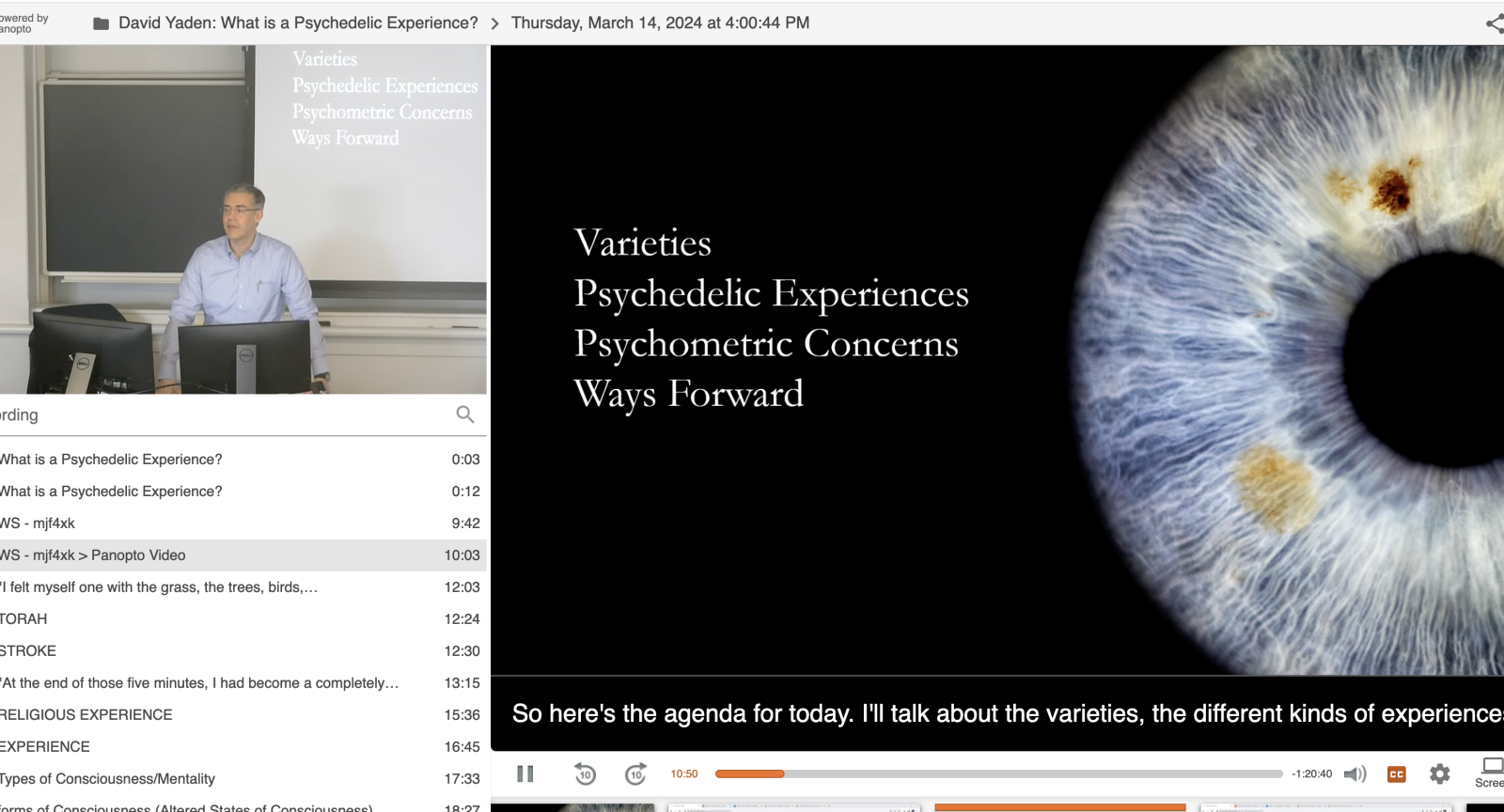 Video of Talk with speaker, table of contents, and slides