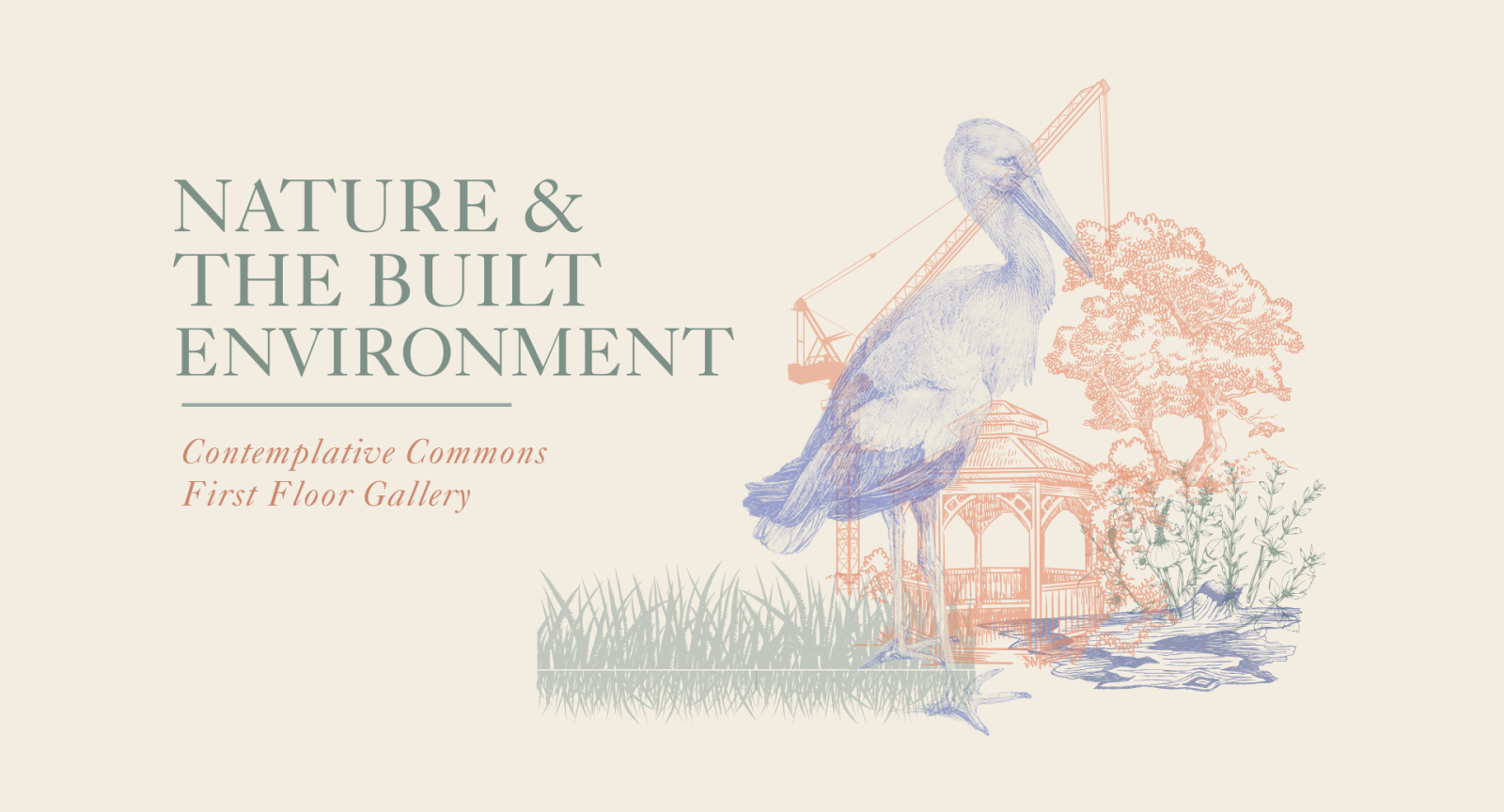 Graphic featuring a collage of line art sketches of plants, grass, a heron, a construction crane, and a gazebo. Text reads :Nature and the Built Environment: Contemplative Commons First Floor Gallery