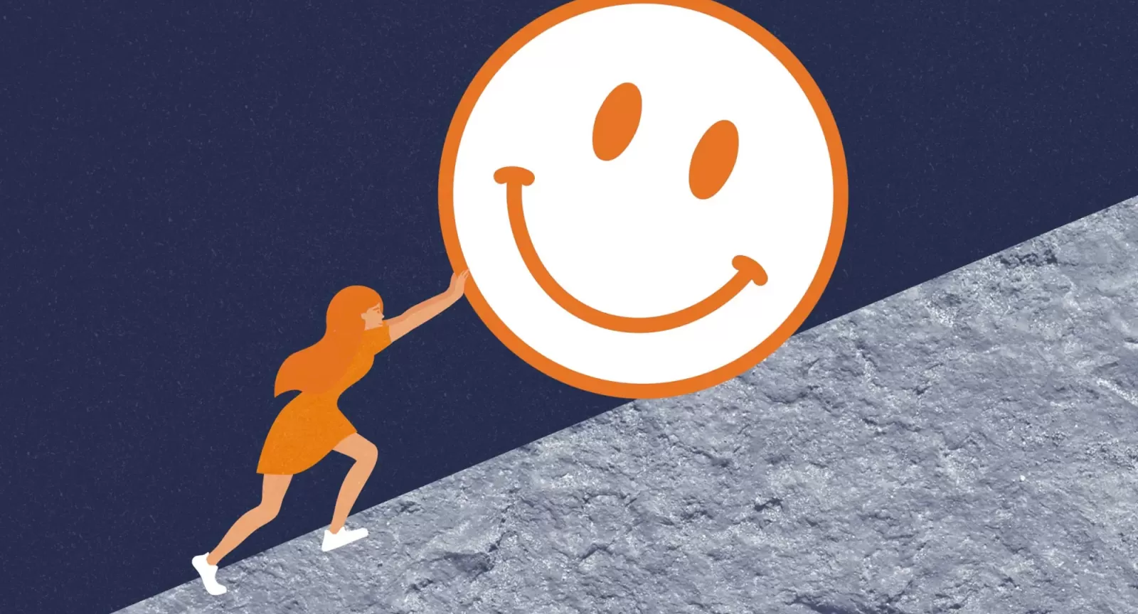 Graphic of college student pushing a smiley face uphill