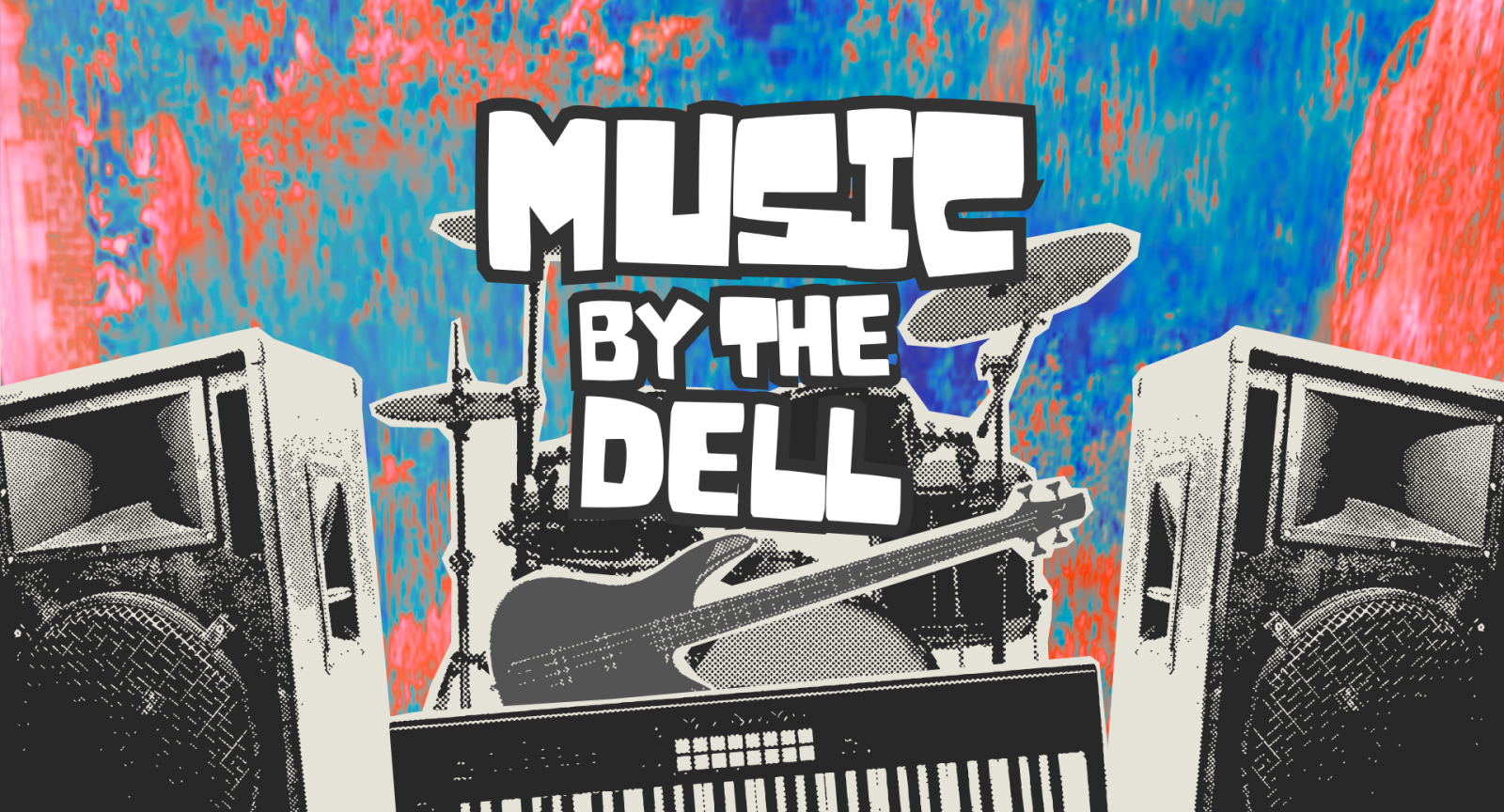 A graphic featuring a heatmapped image of Dell Pond with black and white musical instruments and speakers overlaid. Bold, white text in all caps reads: MUSIC BY THE DELL