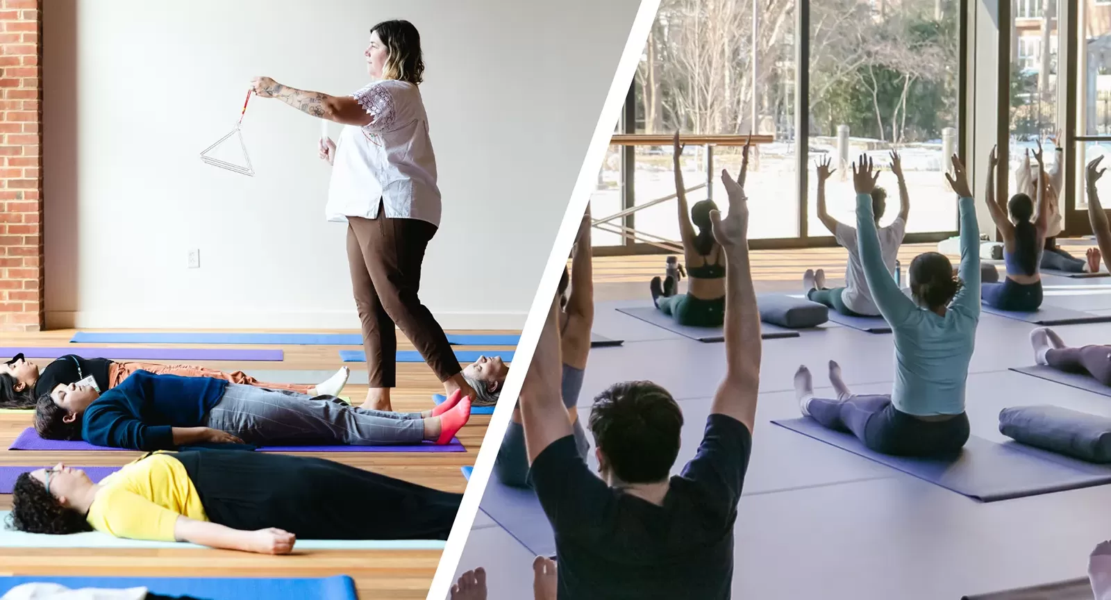 Split photo of a sound bath class and a yoga class