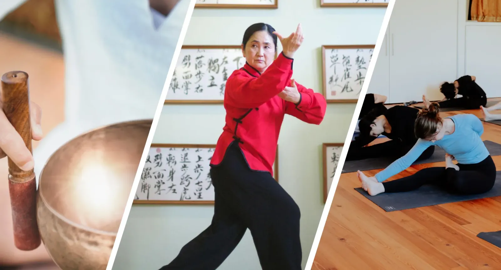 Photo divided into three images: sound bowls, tai chi pose, yoga pose