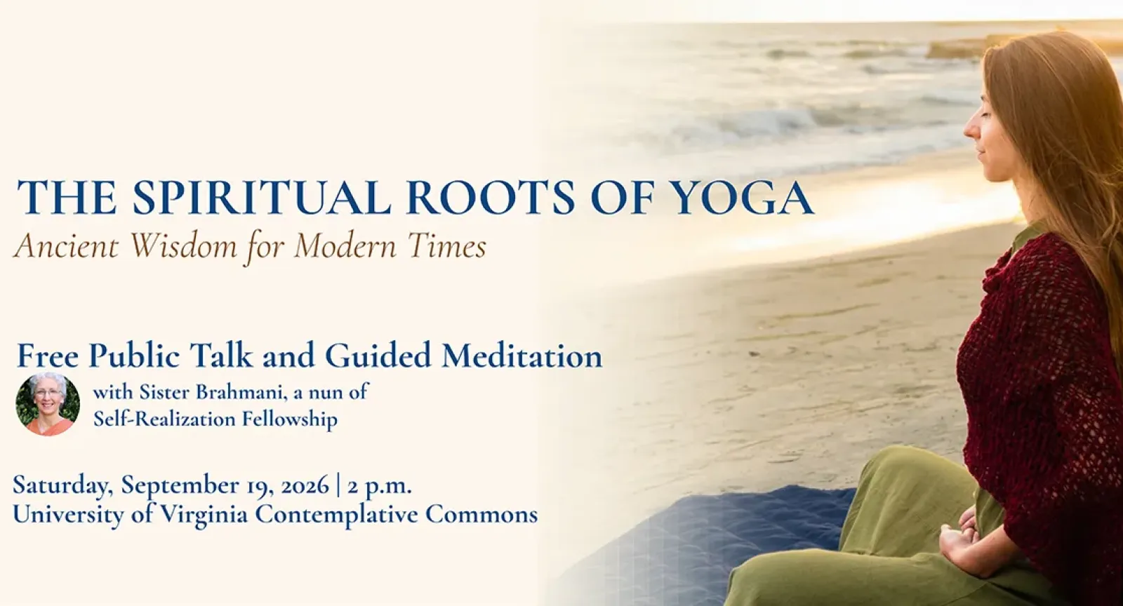 Poster for Spiritual Roots of Yoga talk with image of a woman meditating on the beach in the background