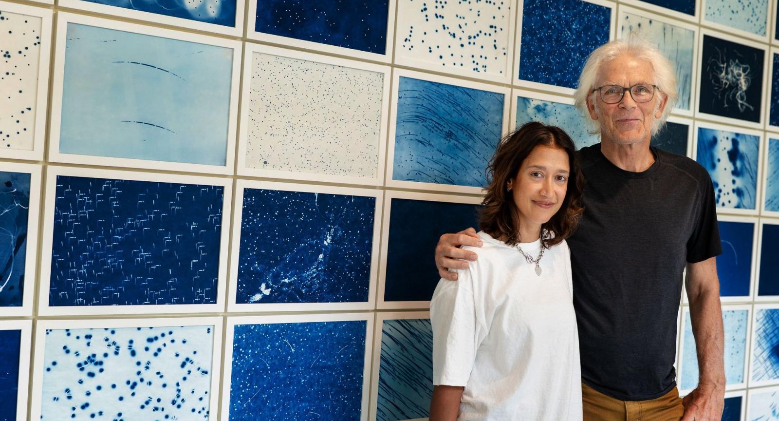 Profs. Nitya Kallivayalil and William Wylie of the University of Virginia in front of their exhibition “Firmament”, now showing at Contemplative Science Commons in Charlottesville.