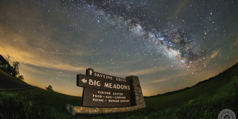 Sign on the way to Big Meadows with view of the Milky Way