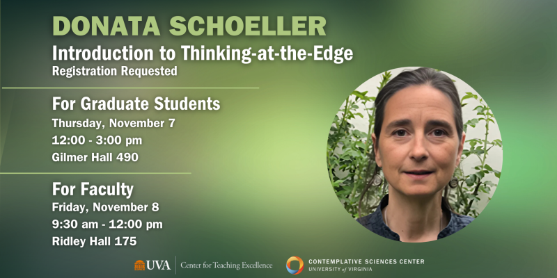 infographic featuring the event information and a headshot of Donata Schoeller with a green background