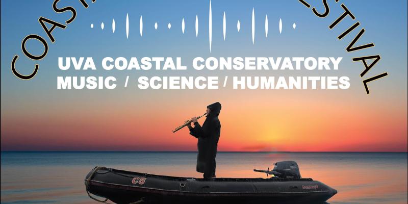 Man playing flute in boat on still blue water with an orange sunset behind him