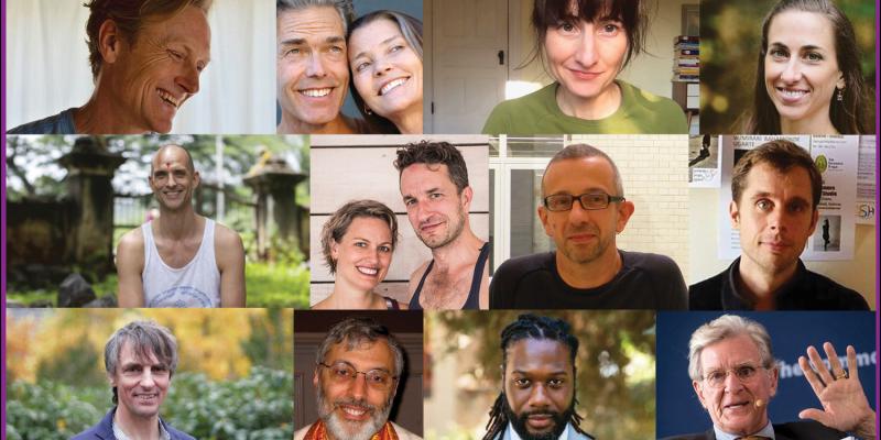 A collage of headshots for yoga teachers interviewed in series
