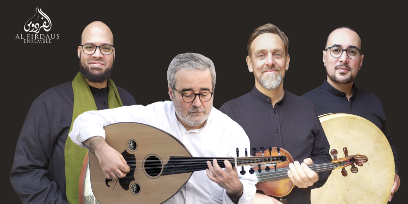 Al-Firdaus Ensemble with their instruments. Their logo is in the top right corner.
