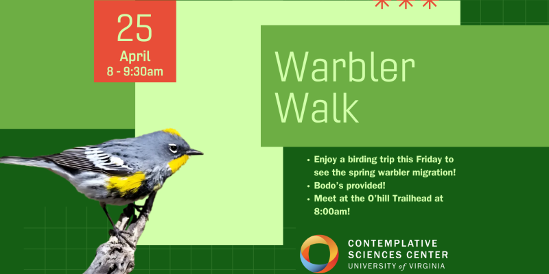 Infographic of an event called "Warbler Walk." Rectangles in varying shades of green and an image of a warbler make up for most of the design elements, with hints of red. Text reads: Warbler Walk. April 25, eight to nine thirty am. Enjoy a birding trip this Friday to see the spring warbler migration! Bodo’s provided! Meet at the O’hill Trailhead at 8:00am!"
