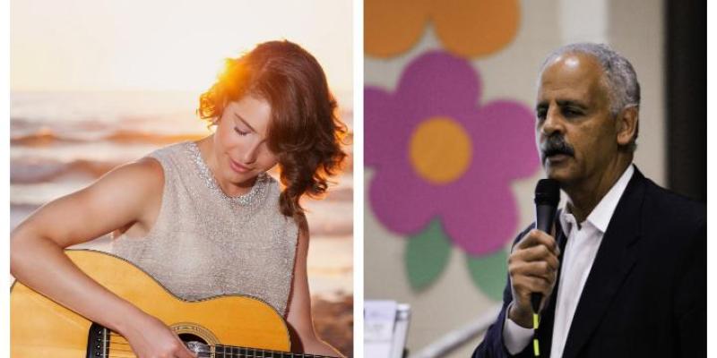 Collage of Caroline Jones playing guitar and Stedman Graham speaking into a microphone