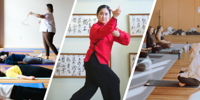A graphic with three images; Waverly Davis performing a Sound Bath, Hiromi Johnson practicing T'ai Chi, and Allie Redshaw leading Wind-Down Yoga.