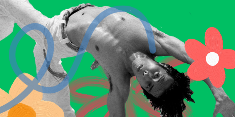 A man doing summersault amidst graphics of flowers