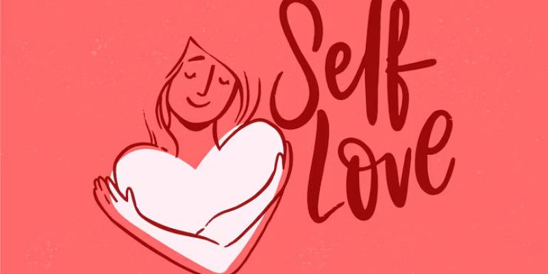 Drawing of woman hugging her heart with the words "Self Love" next to her