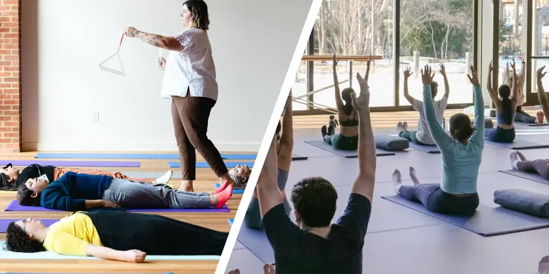 Split photo of a sound bath class and a yoga class
