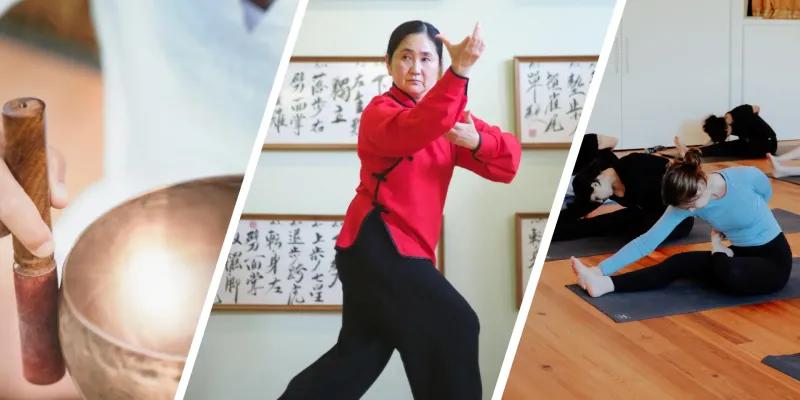 Photo divided into three images: sound bowls, tai chi pose, yoga pose