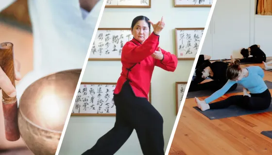 Photo divided into three images: sound bowls, tai chi pose, yoga pose