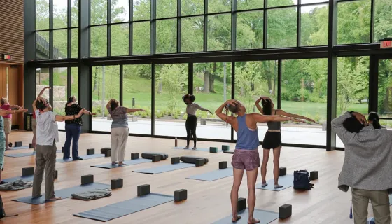 People stretching in front of yoga mats in the Contemplative Commons looking out at summer greenery