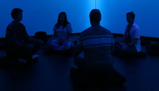 Four people sitting on cushions experiencing the exhibit in the Conservatory