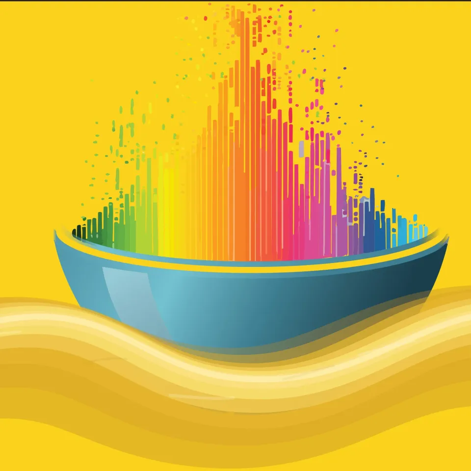 Graphic of a bowl of rainbow colors floating on a yellow wave with a yellow background