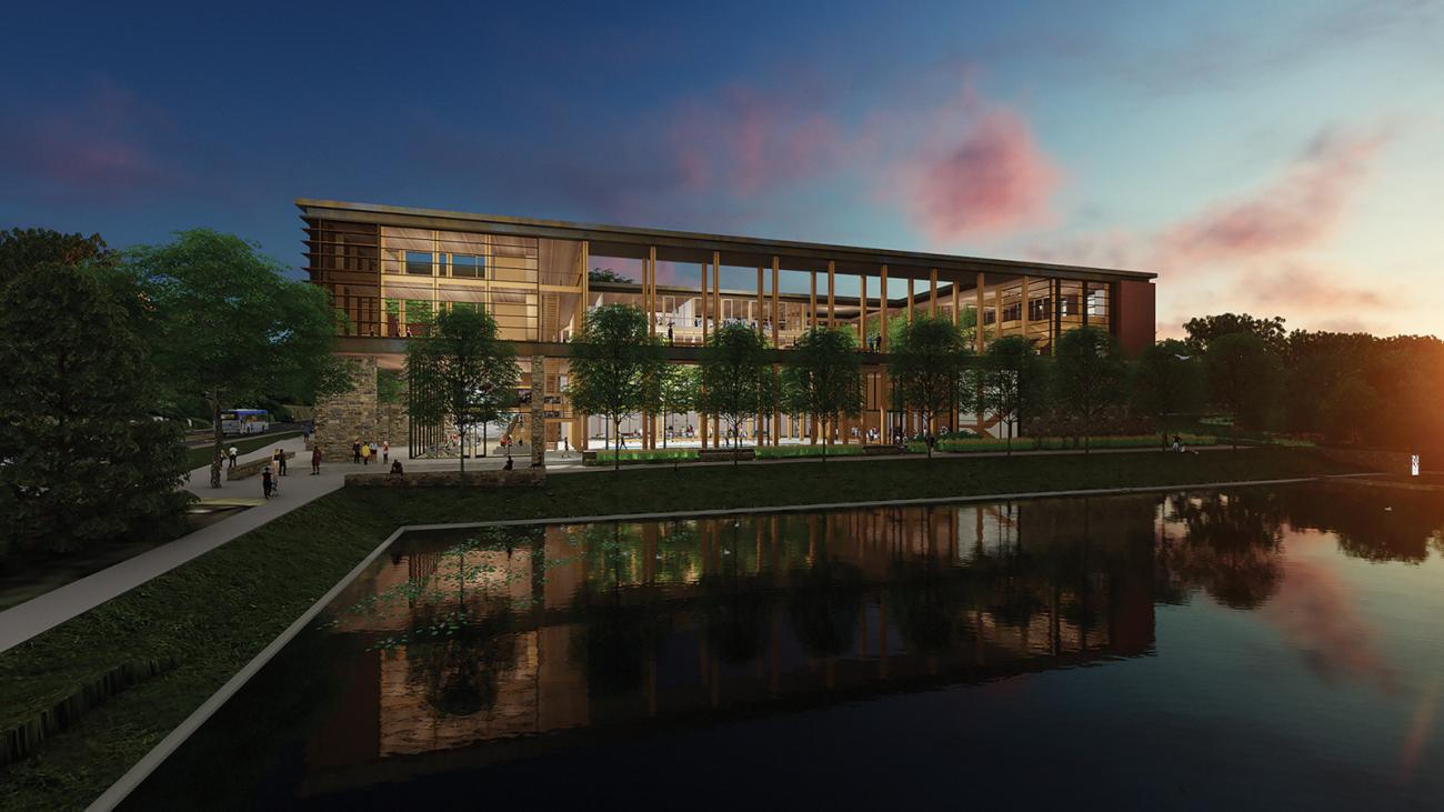 View of the Contemplative Commons from across the Dell at twilight