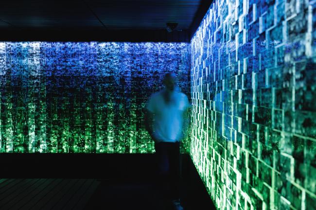 The artist inspecting his installation of the Ninfeo