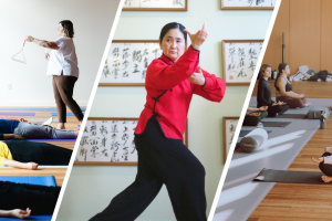 A graphic with three images; Waverly Davis performing a Sound Bath, Hiromi Johnson practicing T'ai Chi, and Allie Redshaw leading Wind-Down Yoga. 