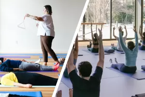 Split photo of a sound bath class and a yoga class