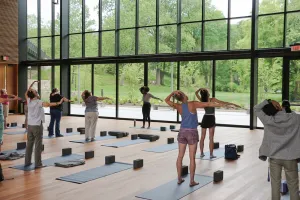 People stretching in front of yoga mats in the Contemplative Commons looking out at summer greenery