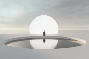 Drawing of grey sky and gound with a round pool at the edge of which sits a person facing the rising white sun reflected in the pool