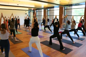 Students doing yoga in the Contemplative Commons