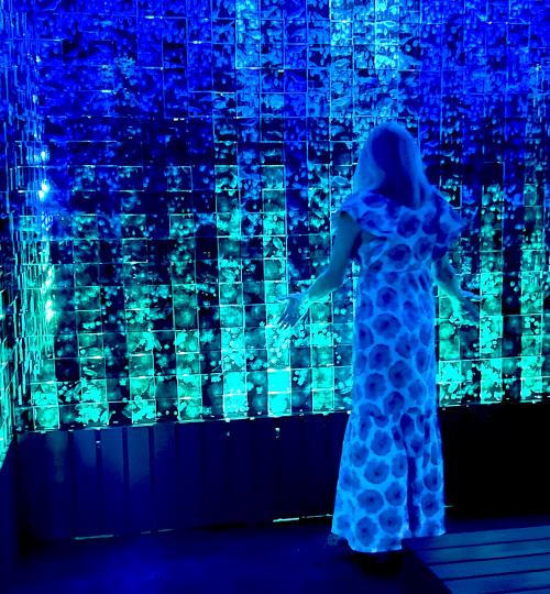 Ninfeo installation room with blue and green lighted blocks and person